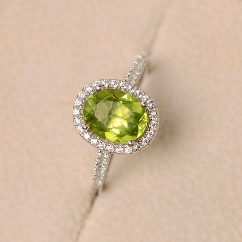 Peridot ring, halo engagement ring, natural peridot, oval cut peridot ring image 3