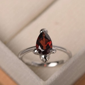 Garnet wedding ring, pear shaped engagement ring, sterling silver, January birthstone
