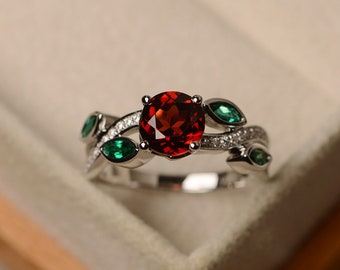 Natural garnet ring, sterling silver, round cut, engagement ring for women, multistone ring