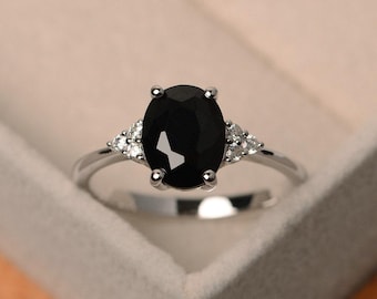 Black spinel ring, oval cut, black stone rings, promise ring silver,engraved ring