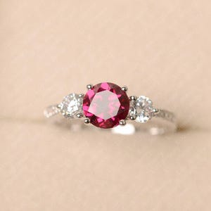 Red ruby ring, sterling silver, engagement ring for women, July birthstone ring