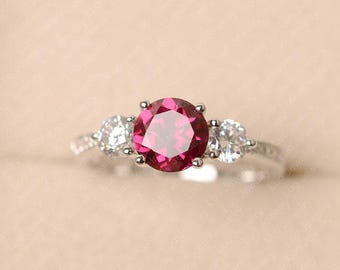 Red ruby ring, sterling silver, engagement ring for women, July birthstone ring