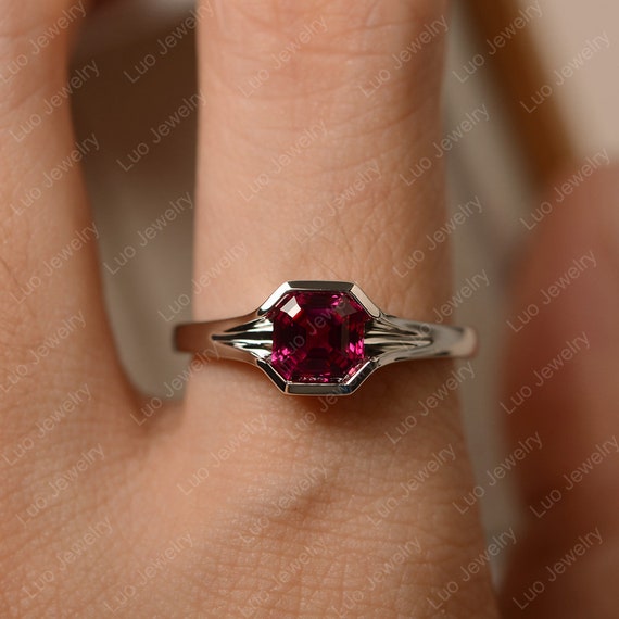 Asscher Cut Ruby Engagement Ring, Diamond Halo Wedding Ring, Moissanite and  Ruby Promise Ring, July Birthstone Ring, Solid Gold Wedding Ring - Etsy