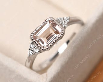 Real pink morganite wedding ring, 14k white gold, emerald cut 0.87 carat rectangle promise ring