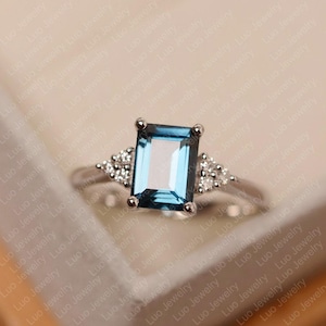 London blue topaz ring, emerald cut, white gold engagement ring