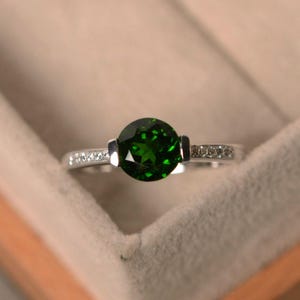 Chrome diopside ring, natural green gemstone, sterling silver, round cut, ring size 4, promise ring for her