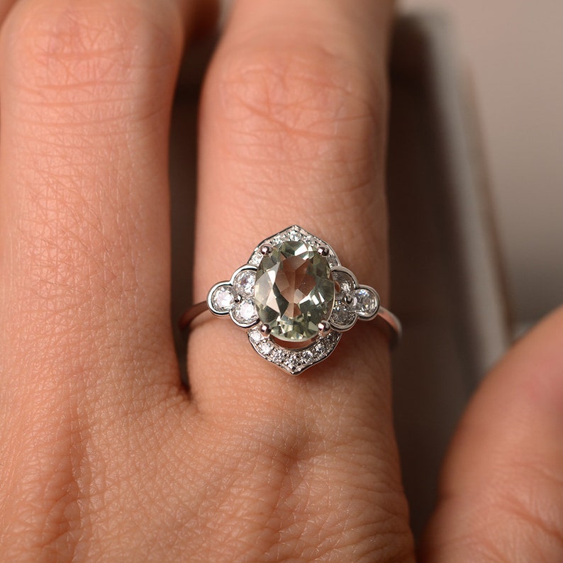 Green amethyst ring, silver, oval cut engagement ring image 4