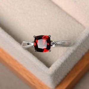 Promise rings, natural garnet rings, January birthstone rings, cushion cut gemstone, silver rings, gifts