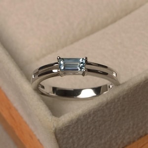 Aquamarine ring, baguette shaped, sterling silver, March birthstone,solitaire ring, simple engagement ring