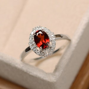 Garnet ring, sterling silver, delicate ring, January birthstone, red gemstone ring, garnet