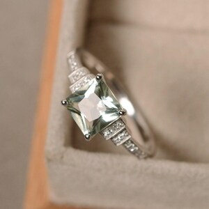Green amethyst ring, princess cut, engagement ring, silver, green gemstone, promise ring image 2