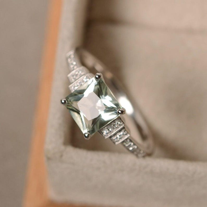 Green amethyst ring, princess cut, engagement ring, silver, green gemstone, promise ring image 2