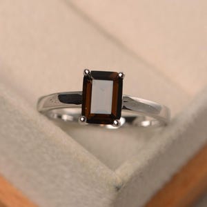 Natural smoky quartz ring, elegant solitaire ring,emerald cut brown gemstone, sterling silver ring
