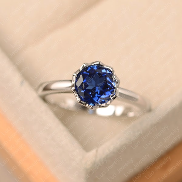 Blue sapphire ring, sterling silver, solitaire engagement ring, round cut September birthstone ring