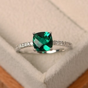 Emerald ring, emerald engagement ring, sterling silver, anniversary ring, cushion cut,May birthstone