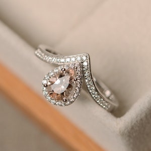 Morganite chevron ring, pear shaped halo engagement ring, V shaped, royal curve