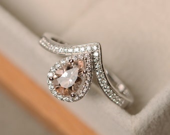 Morganite chevron ring, pear shaped halo engagement ring, V shaped, royal curve