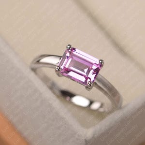 Pink sapphire ring, emerald cut pink stone ring, sterling silver anniversary ring for women