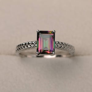 Anniversary ring, mystic topaz ring, emerald cut rainbow gemstone, solitaire ring, sterling silver ring