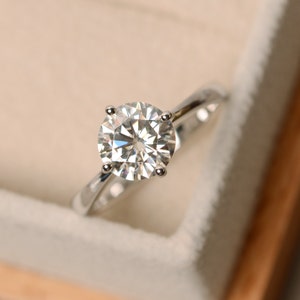 Solitaire ring, round cut, sterling silver, elegant moissanite engagement ring