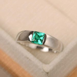 Emerald ring, sterling silver, solitaire engagement ring, princess cut, May birthstone ring