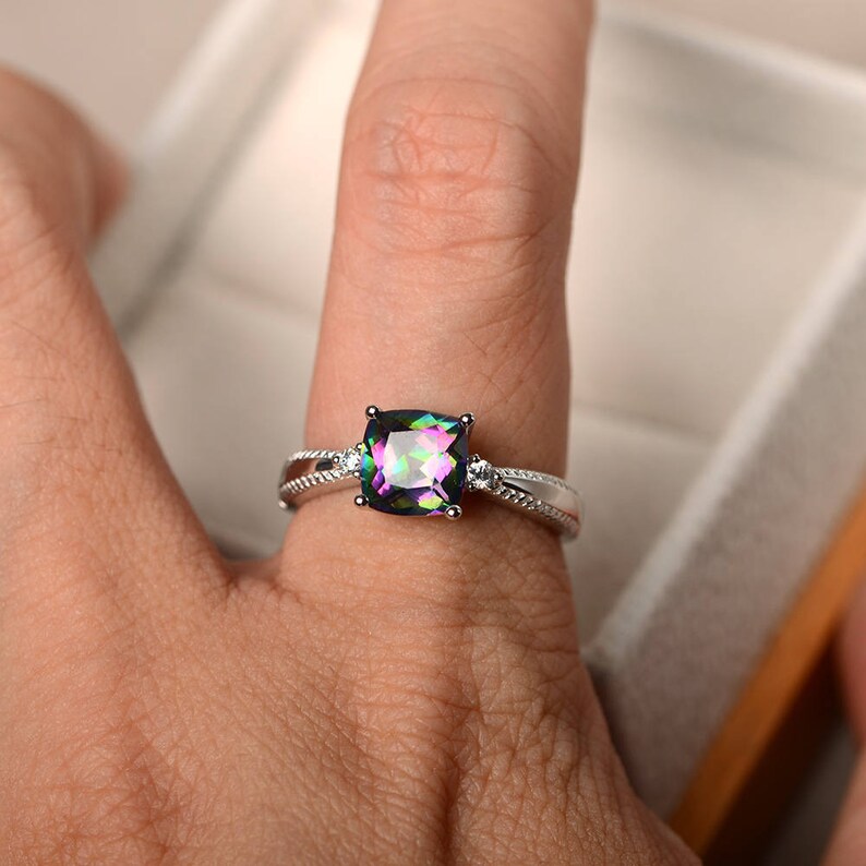 silver ring cushion cut rings Genuine mystic topaz rings rainbow topaz rings engagement rings