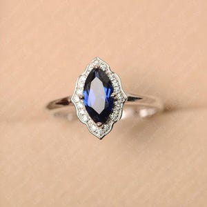Blue sapphire ring, sterling silver engagement ring, marquise cut September birthstone ring