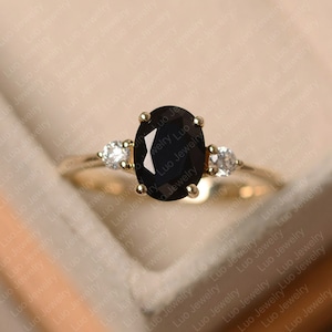 Black spinel ring, oval cut, black stone ring, solid yellow gold, unique wedding ring for women