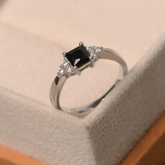 Princes Cut, Black Spinel Ring, Sterling Silver, 4-prong