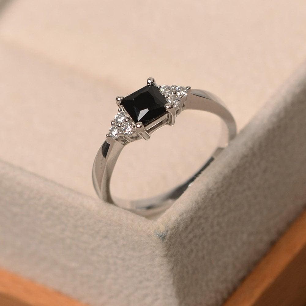 Princes Cut, Black Spinel Ring, Sterling Silver, 4-prong