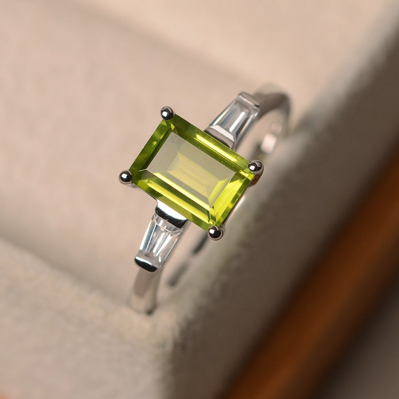 Natural peridot ring promise ring emerald cut green Etsy