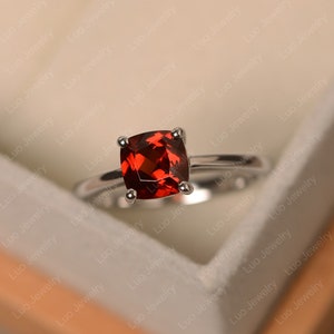 Garnet ring, cushion cut, soliatire engagement ring, sterling sivler, January birthstone ring for women