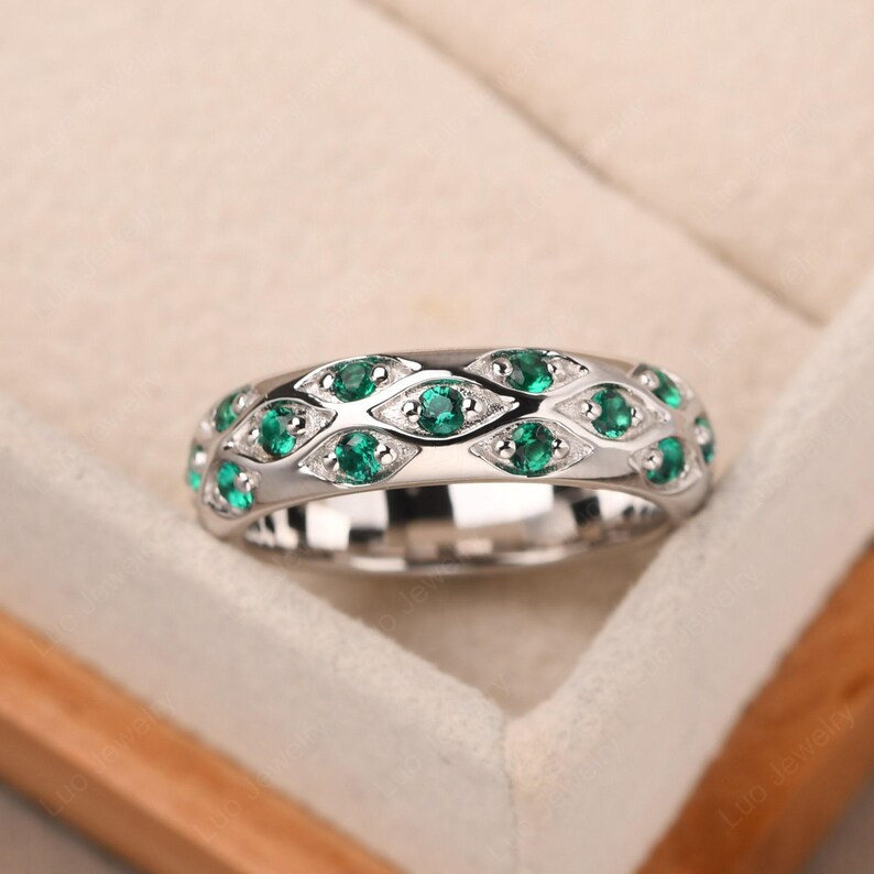 Verlobungsring für Männer, Sterling Silber Smaragd Ring, pflastern grobstrick Ring, Mai Geburtsstein Bild 2