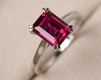 Emerald cut ruby minimalist promise ring, sterling silver,July birthstone ring