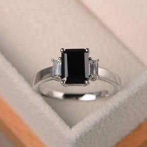 Anniversary ring, natural black spinel ring, emerald cut black gemstone, sterling silver ring,three stones ring
