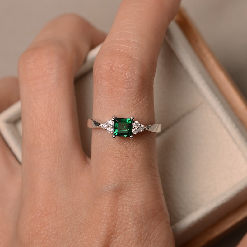 Lab Created Emerald Ring Sterling Silver Square Cut Etsy