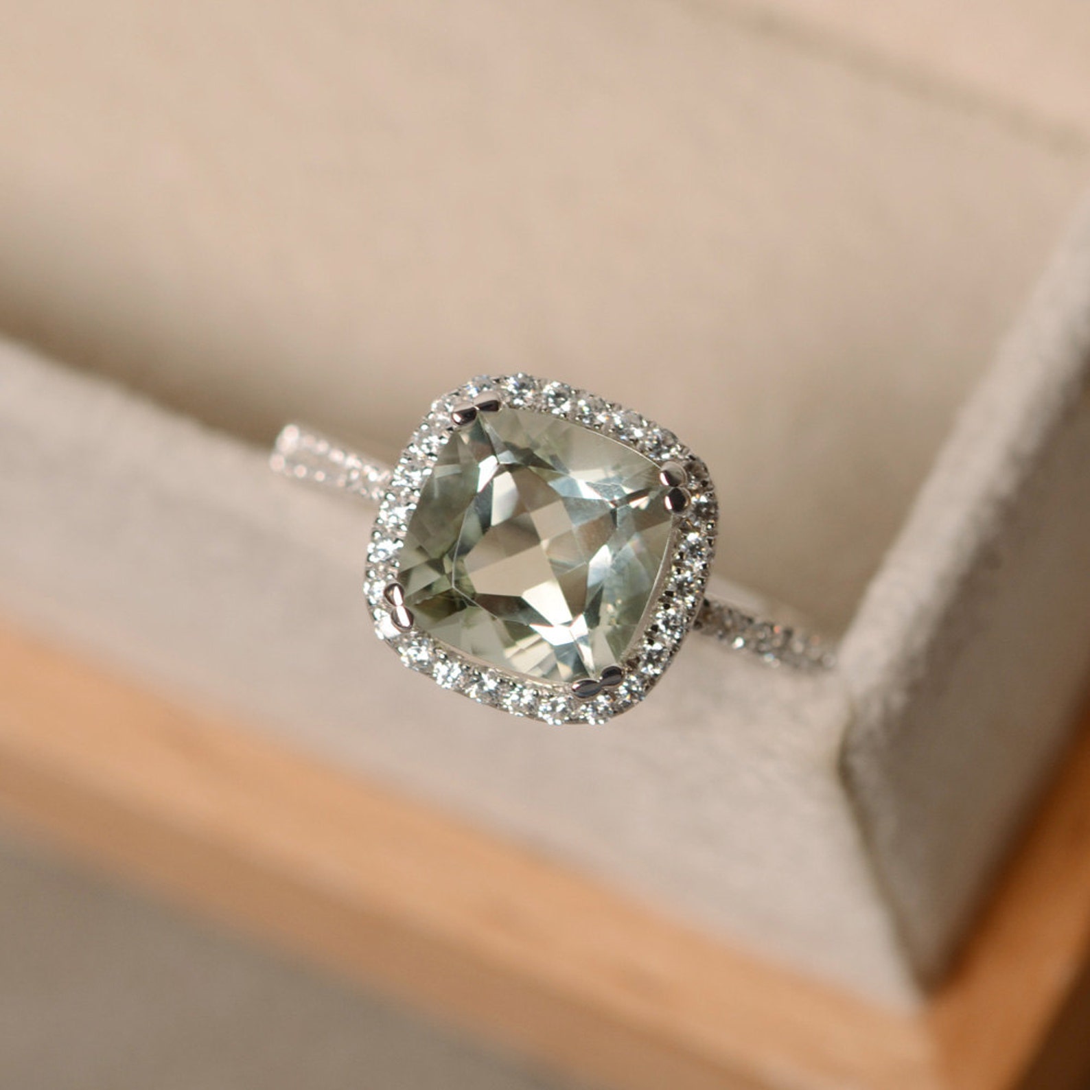 Green amethyst ring cushion cut sterling silver Etsy