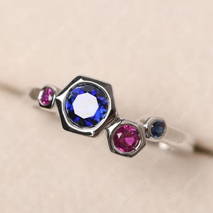 Multi stone sapphire and ruby engagement ring,mothers ring 4 stones,July September family birthstone