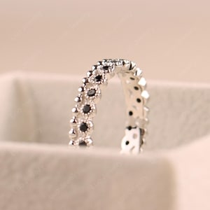 Vintage wedding band ring,sterling silver thin stacking ring,unique black spinel beaded band ring image 4