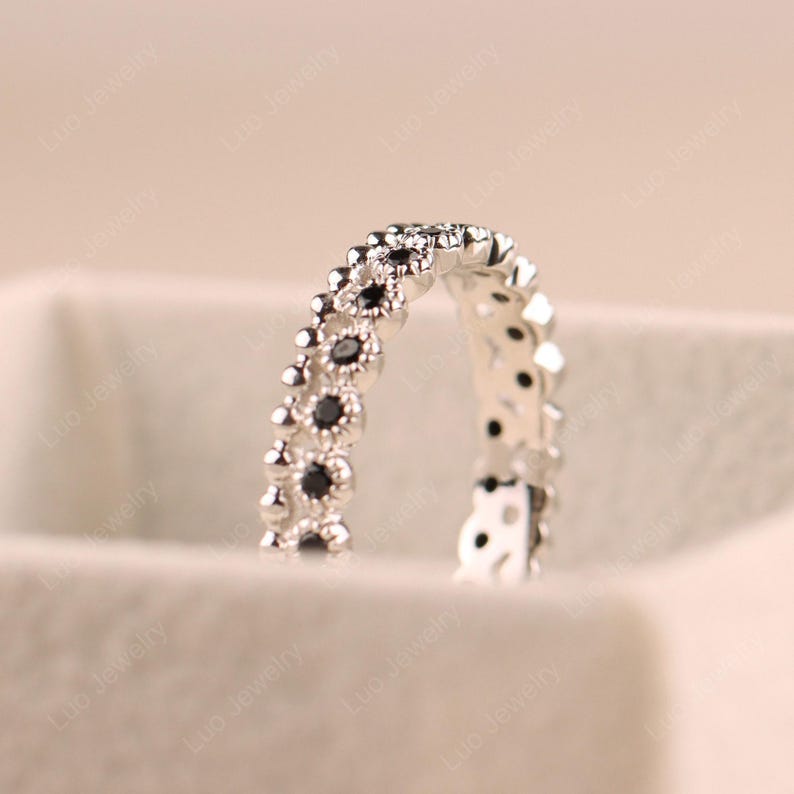 Vintage wedding band ring,sterling silver thin stacking ring,unique black spinel beaded band ring image 4