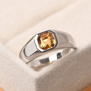 Asscher cut citrine promise rings for men, silver minimalist anniversary ring, November birthstone