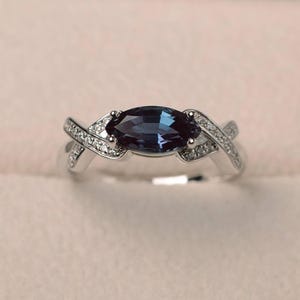 Alexandrite ring, party ring, marquise cut gemstone, June birthstone, sterling silver ring, color changing gems