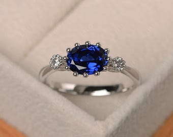 Engagement ring, lab blue sapphire ring, blue gemstone, oval cut gemstone, September birthstone