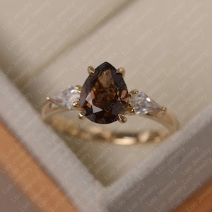Smoky quartz ring, pear cut brown stone, yellow gold engagement ring for women