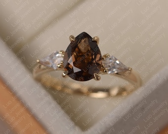 Smoky quartz ring, pear cut brown stone, yellow gold engagement ring for women