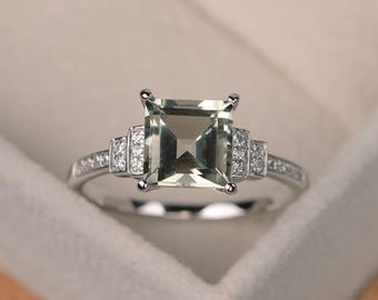 Green amethyst ring, square cut, engagement ring, sterling silver ring, promise ring, green gemstone ring