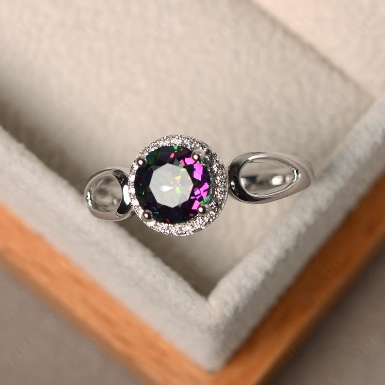 Blue sapphire rings, cocktail rings, September birthstone, round cut blue gemstone, silver rings, halo rings Mystic Topaz