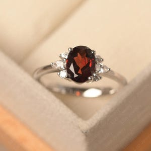 Natural garnet engagement ring, January birthstone, oval cut, 14k white gold, Art Deco ring