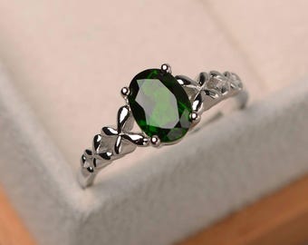 Promise ring, natural diopside ring, solitaire ring, oval cut green gemstone, sterling silver ring
