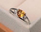 Wedding ring, natural citrine ring, trillion cut yellow gemstone, sterling silver ring, November birthstone ring